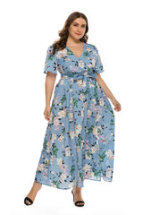 Plus size Bohemian V-neck split short sleeve dress