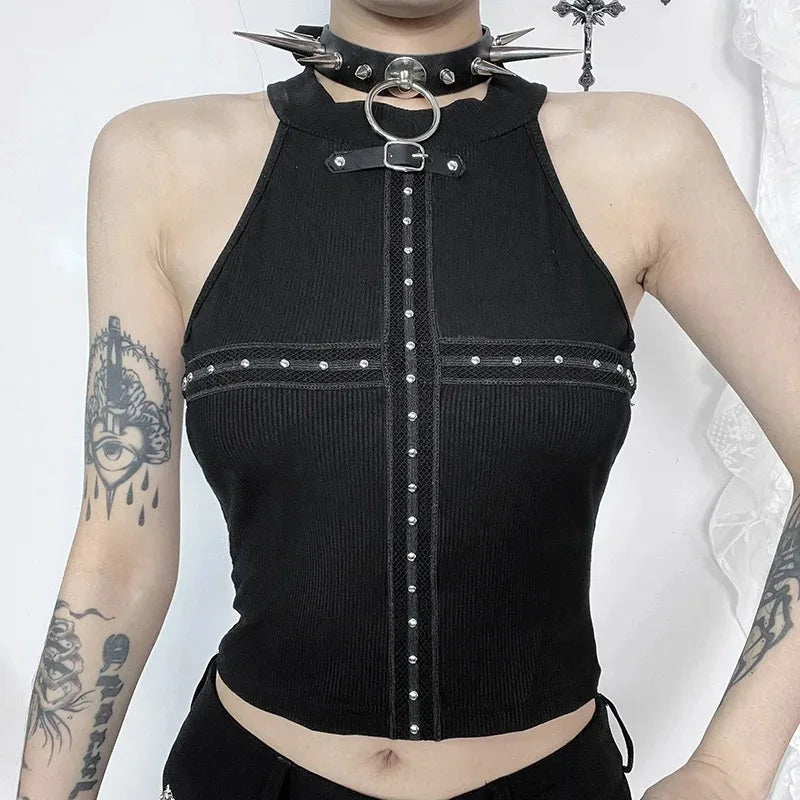 Gothic Dark Rivet Mesh Off Shoulder Sexy Backless Crop Top