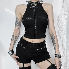 Gothic Dark Rivet Mesh Off Shoulder Sexy Backless Crop Top