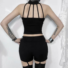 Gothic Dark Rivet Mesh Off Shoulder Sexy Backless Crop Top