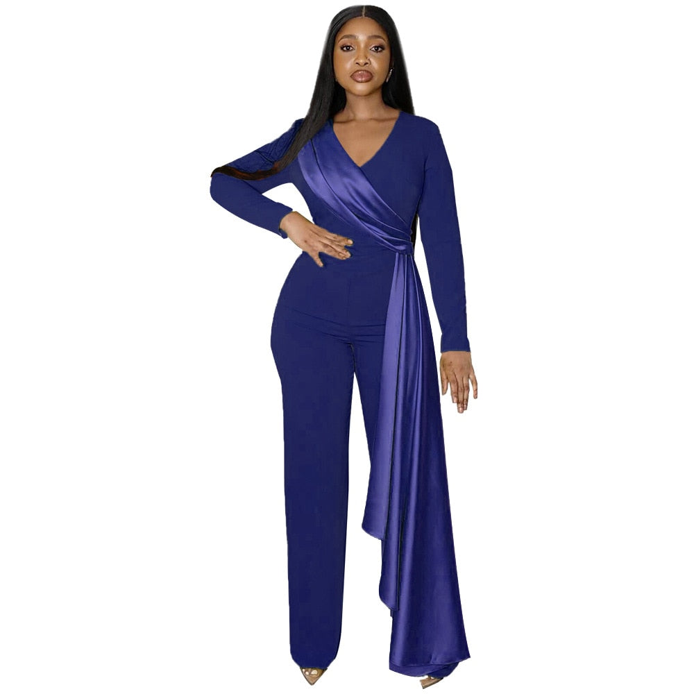 Jumpsuits for Women Dressy Ribbon Long Sleeve V Neck Wide Leg One Piece Overalls Elegant Party Club Wedding Guest Outfits