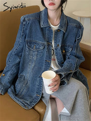 Vintage Jeans Jacket for Women 2024 New Korean Fashion Long Sleeve Turn Down Collar Coats Chic Casual Oversized Jackets