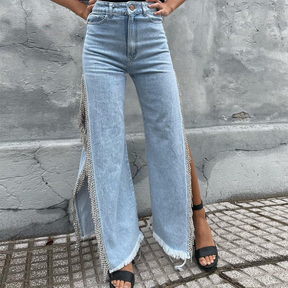 High Waisted Side Split Out Jeans Women Casual Loose Cargo Black Pants Streetwear Summer Wide Leg Long Baggy Y2k Jeans