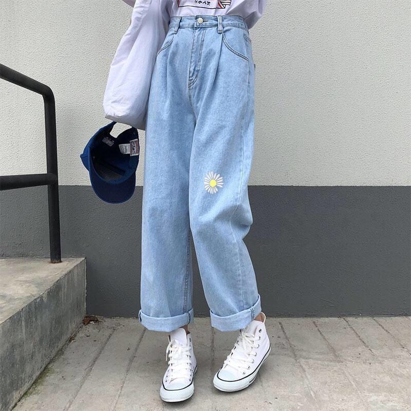 Korean Loose Daisy Jeans Women Fashion New High Waist Straight Denim Pants Maxi Wide-leg Cropped Trousers Female S-5XL