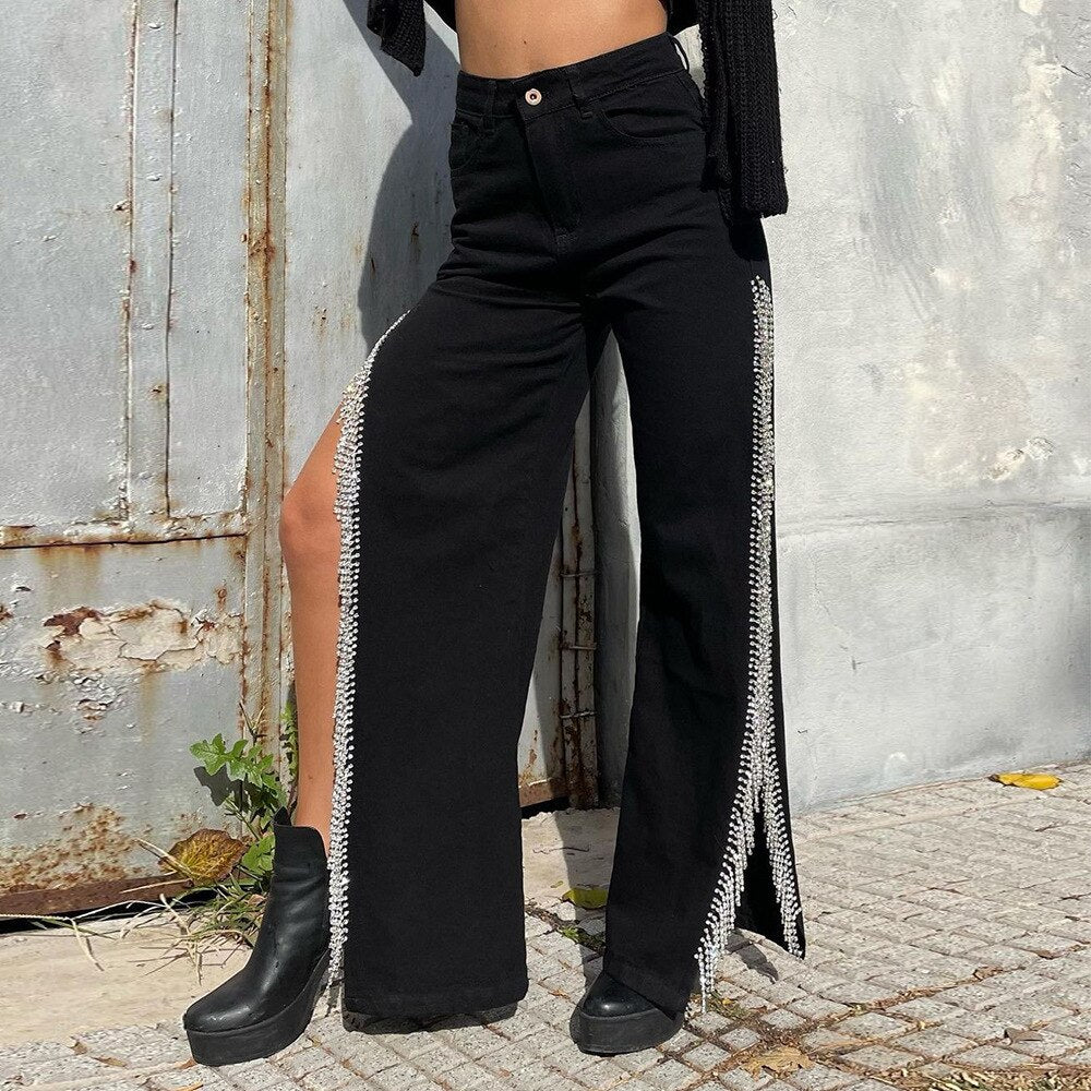 High Waisted Side Split Out Jeans Women Casual Loose Cargo Black Pants Streetwear Summer Wide Leg Long Baggy Y2k Jeans