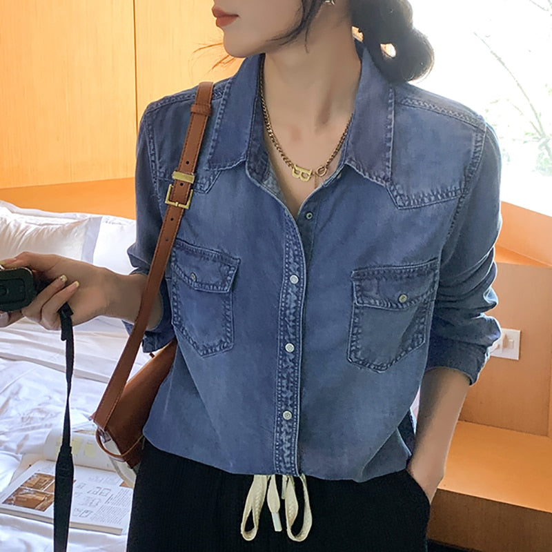 Jeans Shirt for Women Spring 2024 New Long Sleeve Turn Down Collar Oversized Blouses Korean Vintage Casual Long Top