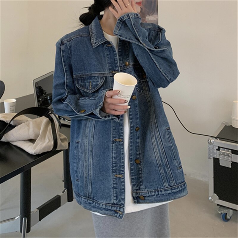 Vintage Jeans Jacket for Women 2024 New Korean Fashion Long Sleeve Turn Down Collar Coats Chic Casual Oversized Jackets