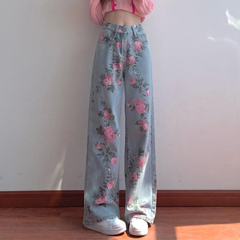 High Waist Flower Pattern Wide Leg Jeans Pants