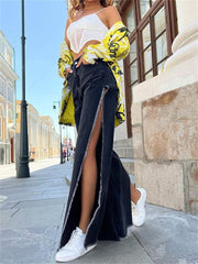 High Waisted Side Split Out Jeans Women Casual Loose Cargo Black Pants Streetwear Summer Wide Leg Long Baggy Y2k Jeans