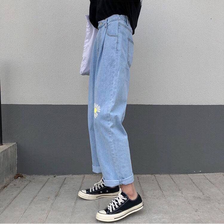 Korean Loose Daisy Jeans Women Fashion New High Waist Straight Denim Pants Maxi Wide-leg Cropped Trousers Female S-5XL