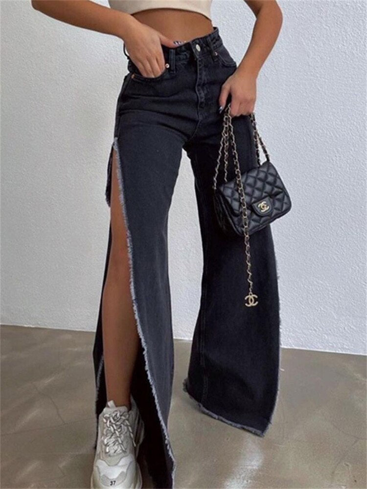 High Waisted Side Split Out Jeans Women Casual Loose Cargo Black Pants Streetwear Summer Wide Leg Long Baggy Y2k Jeans