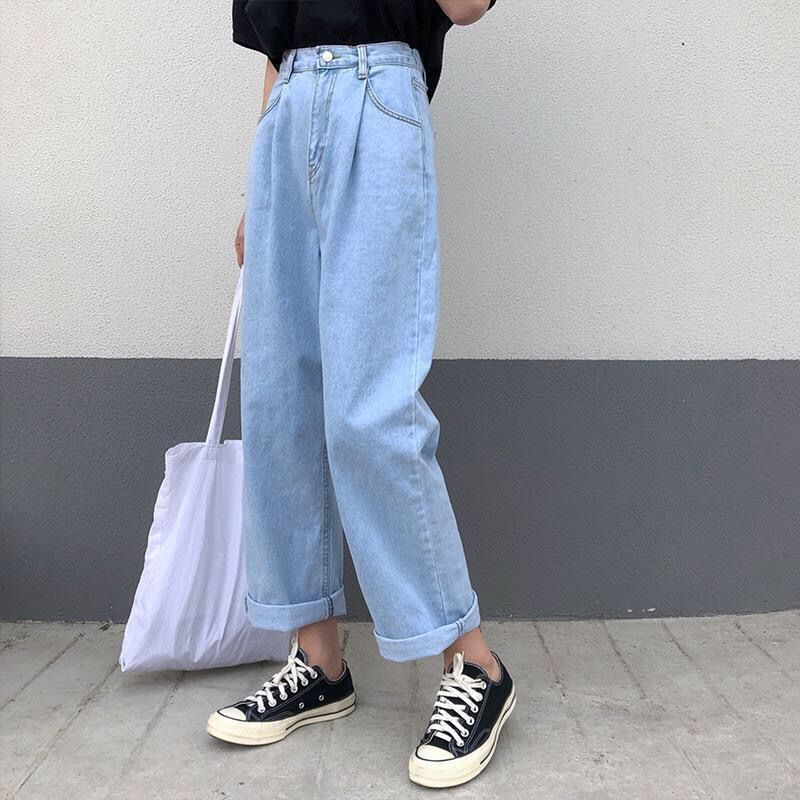 Korean Loose Daisy Jeans Women Fashion New High Waist Straight Denim Pants Maxi Wide-leg Cropped Trousers Female S-5XL