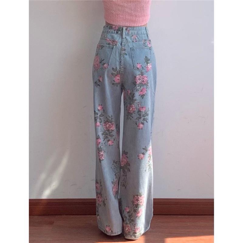 High Waist Flower Pattern Wide Leg Jeans Pants