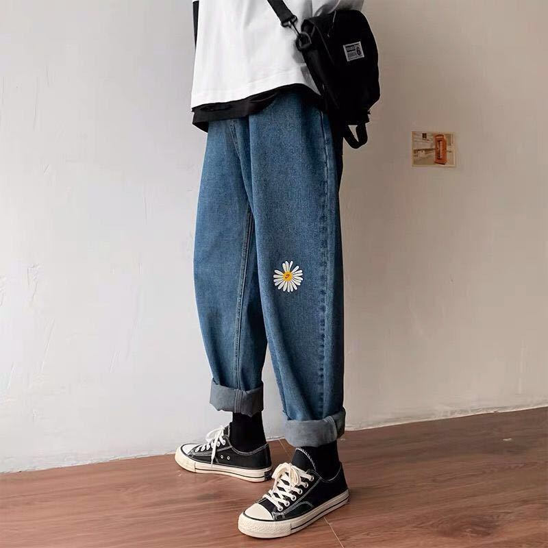 Korean Loose Daisy Jeans Women Fashion New High Waist Straight Denim Pants Maxi Wide-leg Cropped Trousers Female S-5XL