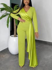 Jumpsuits for Women Dressy Ribbon Long Sleeve V Neck Wide Leg One Piece Overalls Elegant Party Club Wedding Guest Outfits