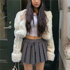 Korean Style Pleated Black Mini Skirt Cute White Skirt