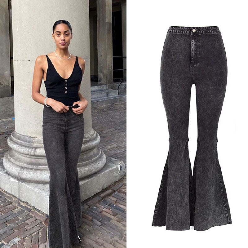 High Quality Women retro high waist jeans spring autumn stretch wash thin wide leg pants flared denim trousers female J034