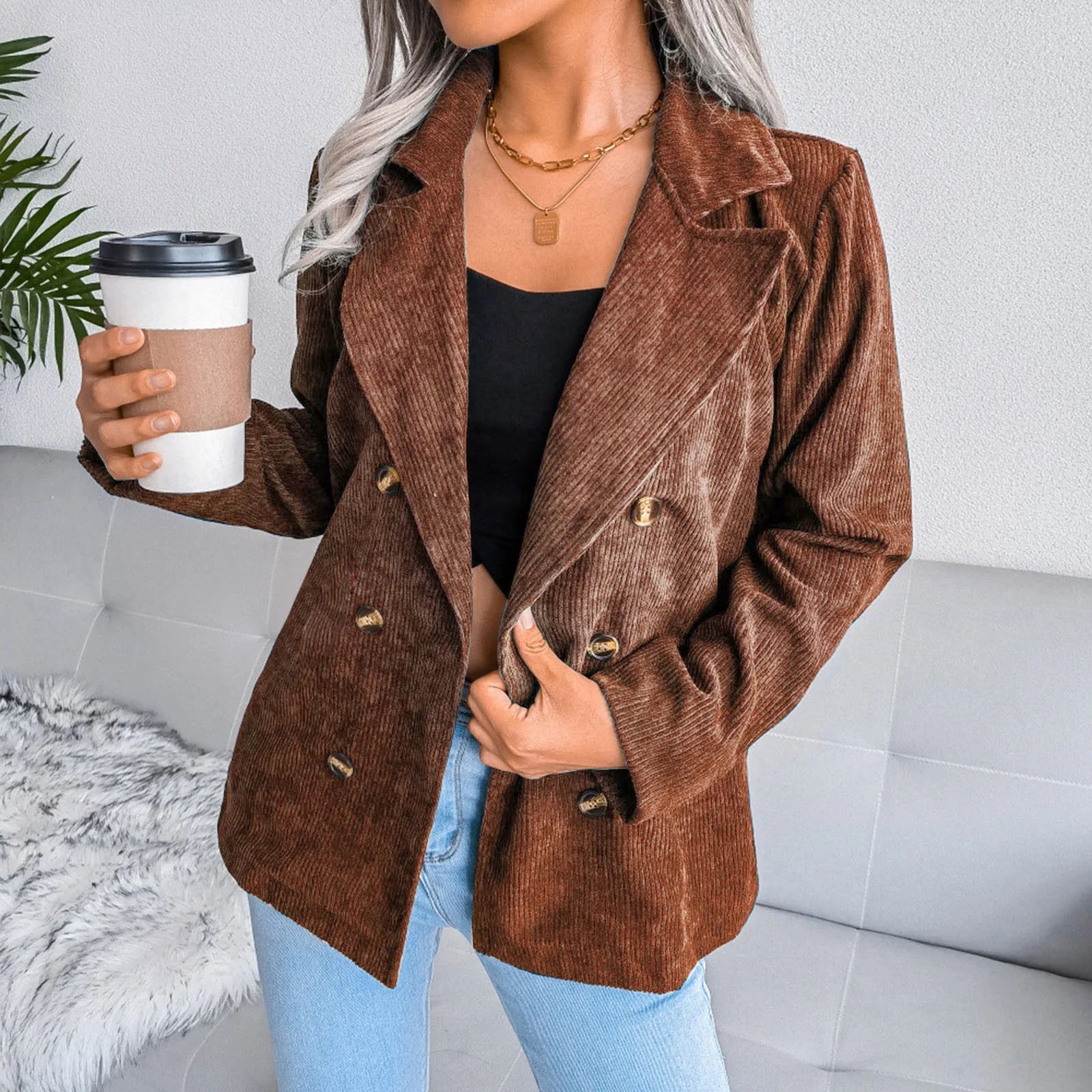 Vintage Brown Corduroy High Loose Oversized Casual Streetwear Coats