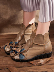 Women Leather Flower Spliced Ankle Boots