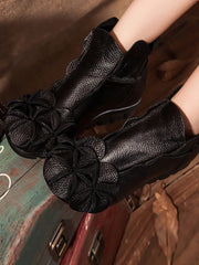 Women Leather Flower Spliced Ankle Boots