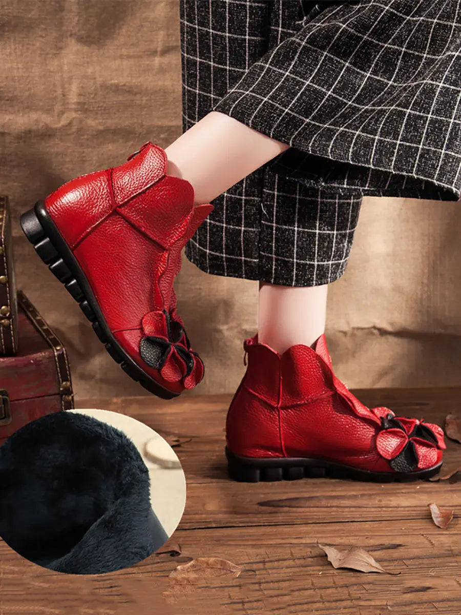 Women Leather Flower Spliced Ankle Boots