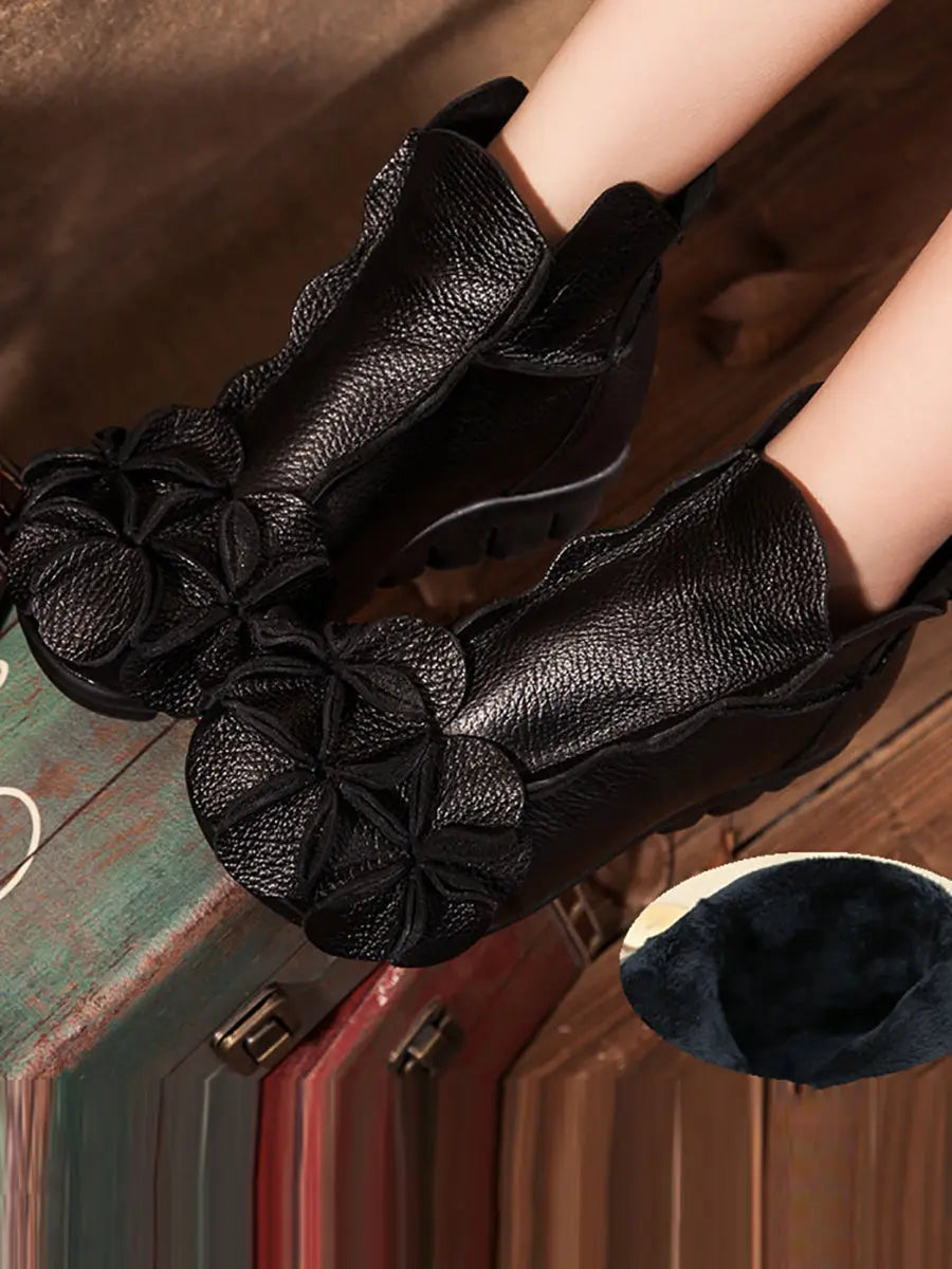 Women Leather Flower Spliced Ankle Boots