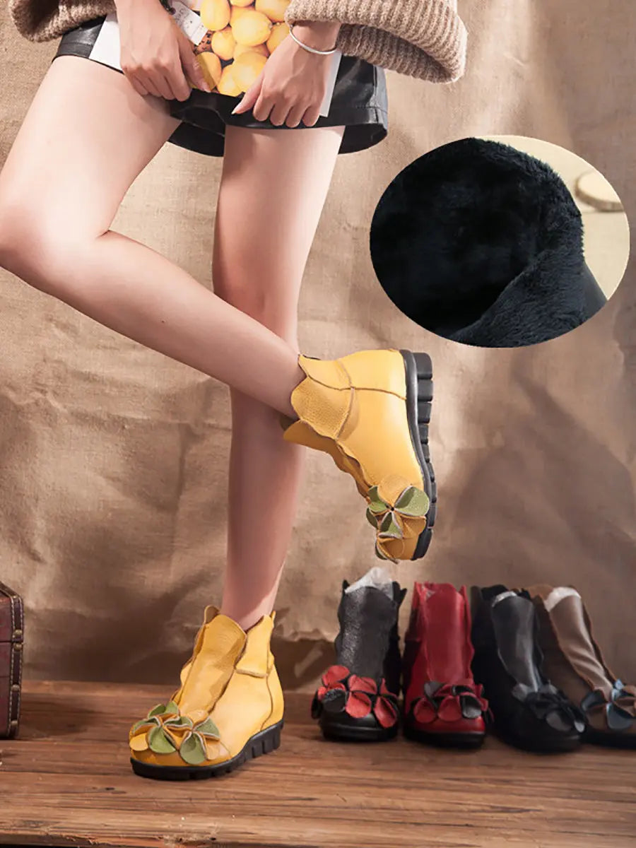 Women Leather Flower Spliced Ankle Boots