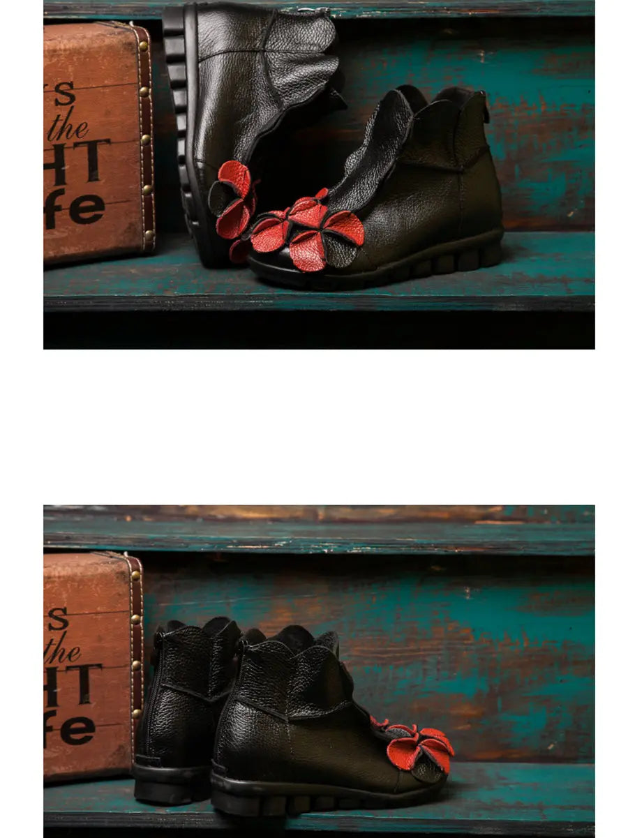 Women Leather Flower Spliced Ankle Boots