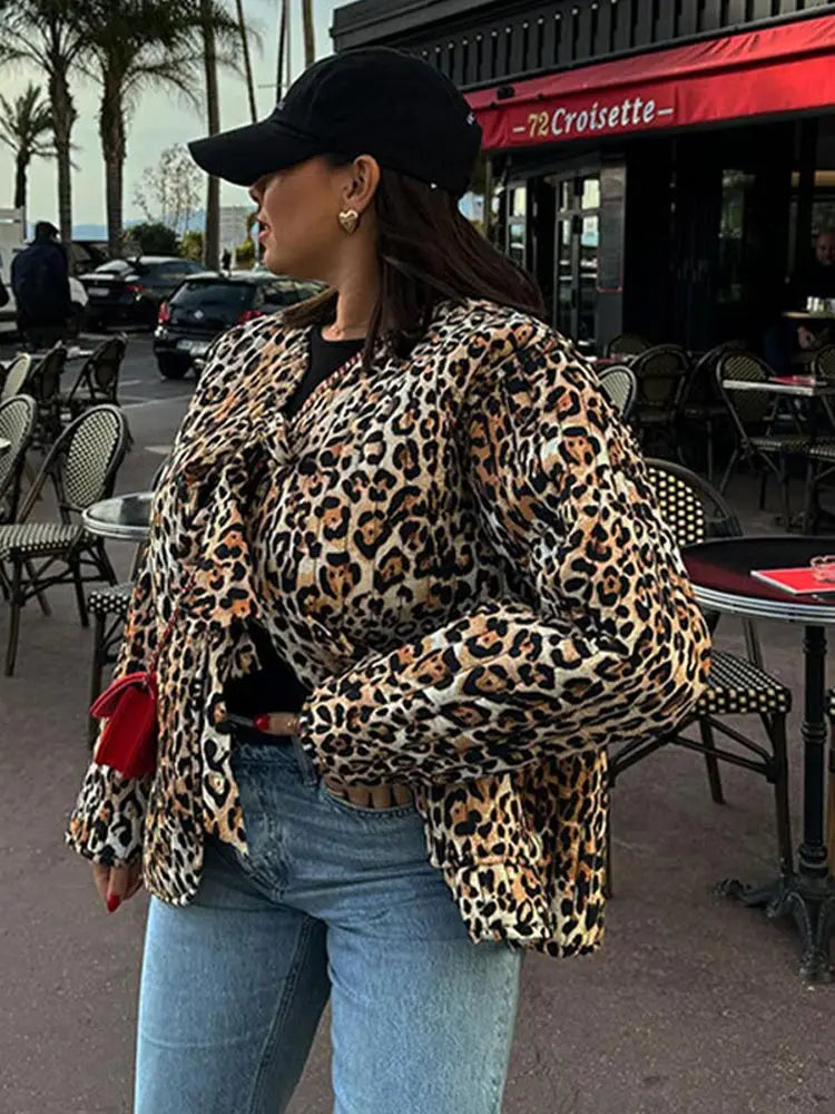 Leopard Print Lace Long Sleeved Quilted Casual Fashion Coats