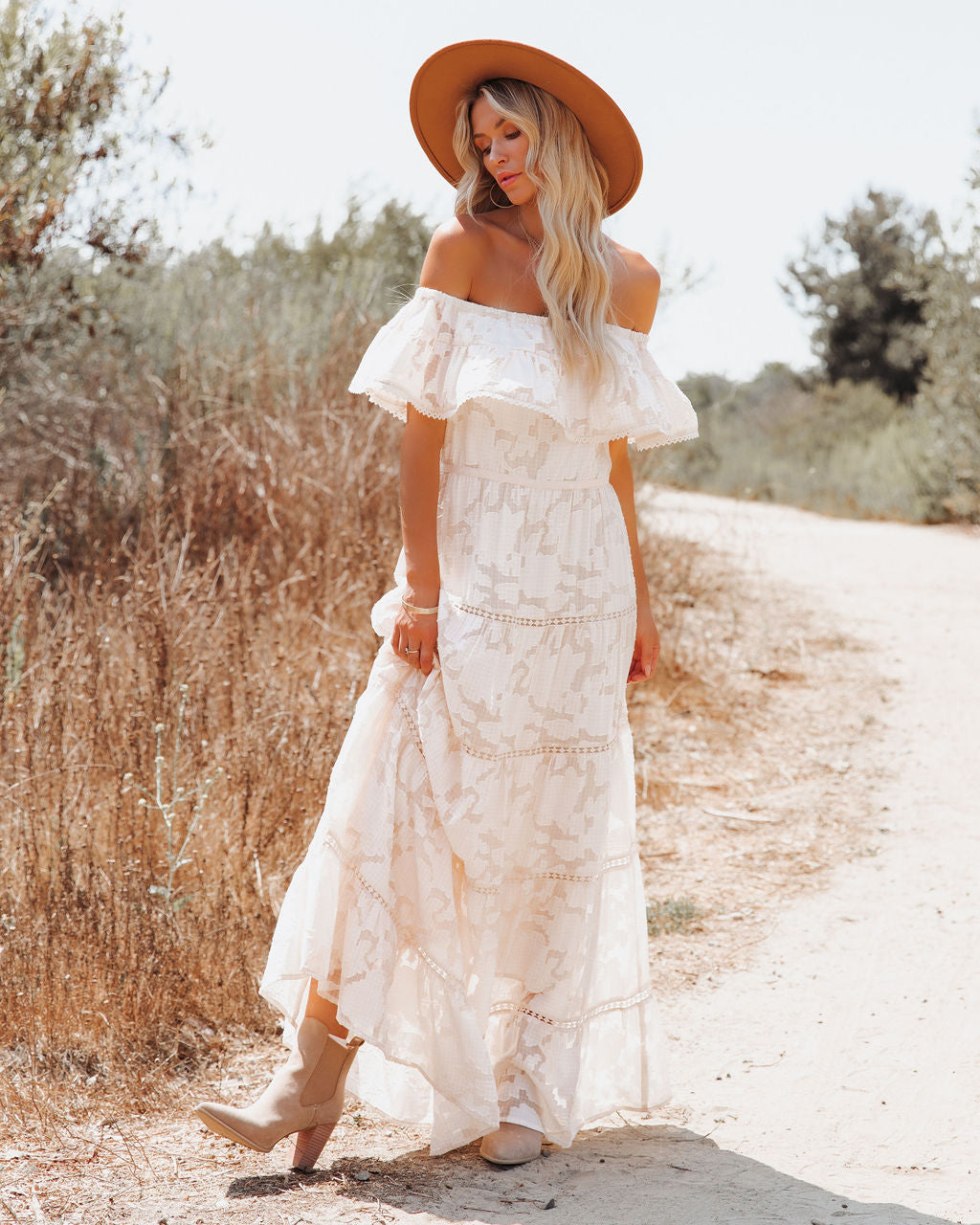 Above The Clouds Off The Shoulder Maxi Dress