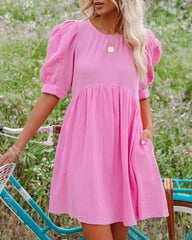 Amber Cotton Pocketed Puff Sleeve Dress - Cool Pink