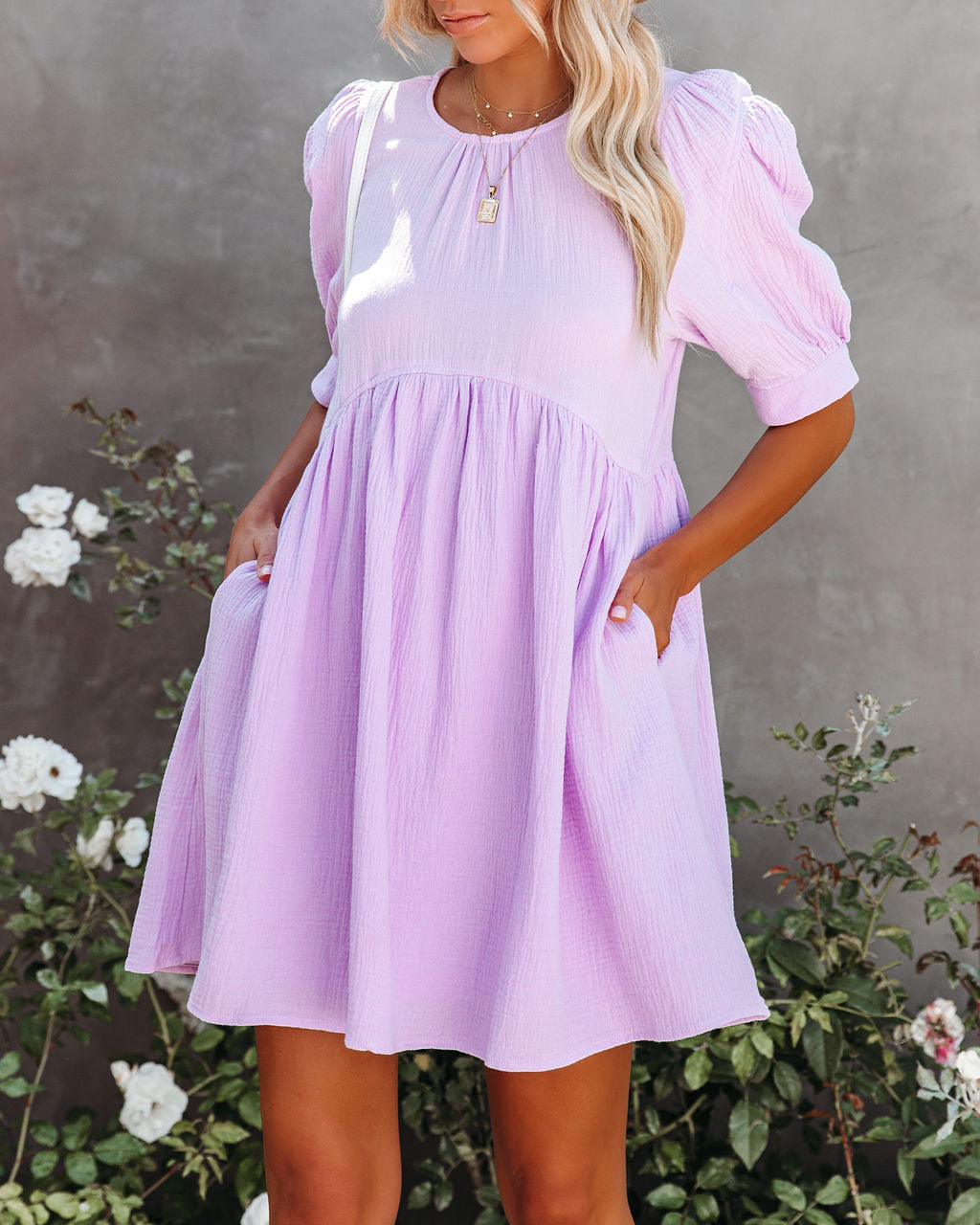 Amber Cotton Pocketed Puff Sleeve Dress - Lavender