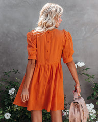 Amber Cotton Pocketed Puff Sleeve Dress - Orange