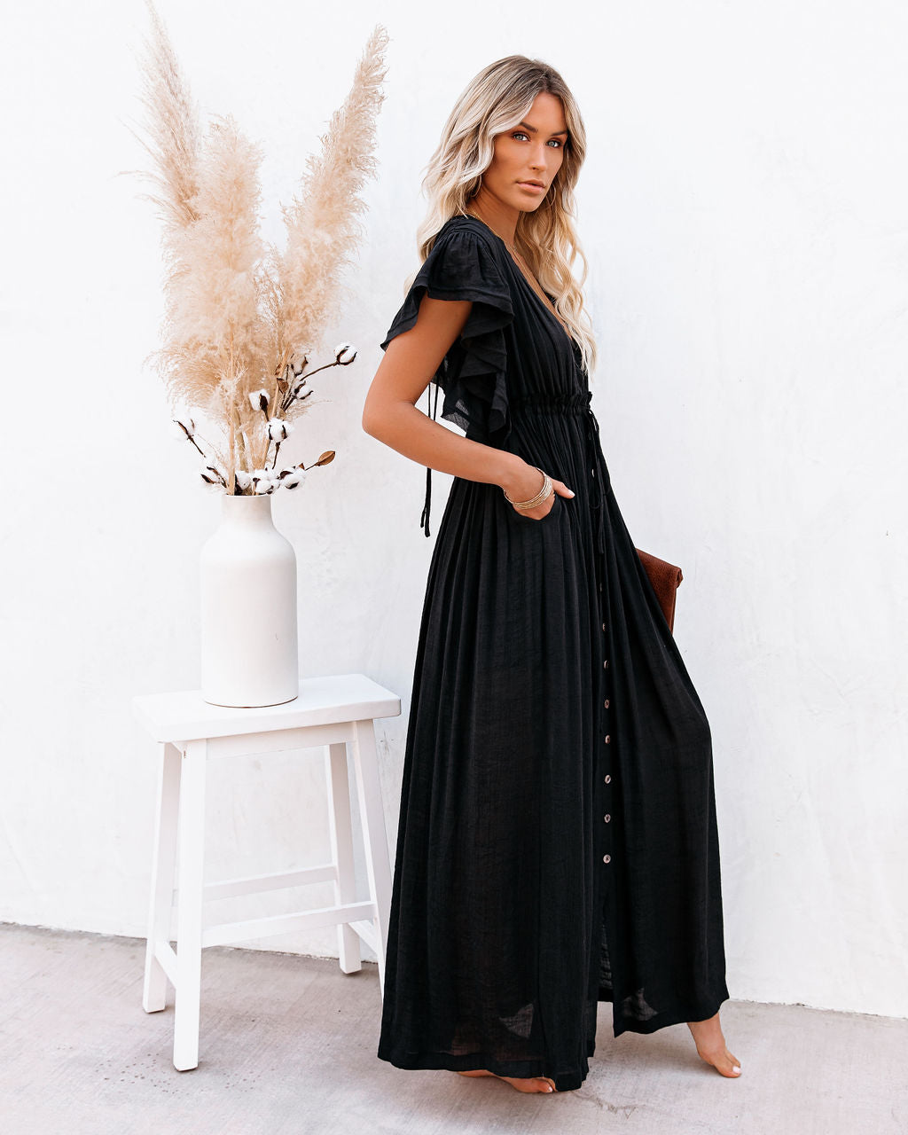 Anika Pocketed Button Down Ruffle Maxi Dress - Black