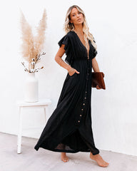 Anika Pocketed Button Down Ruffle Maxi Dress - Black