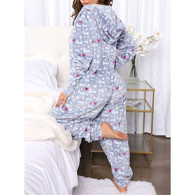 Women's Pajamas Jumpsuit Leopard Star Warm Comfort Plush Home Christmas Flannel Warm Breathable Hoodie Long Sleeve Pocket Fall Winter Leopard Print Moon blue