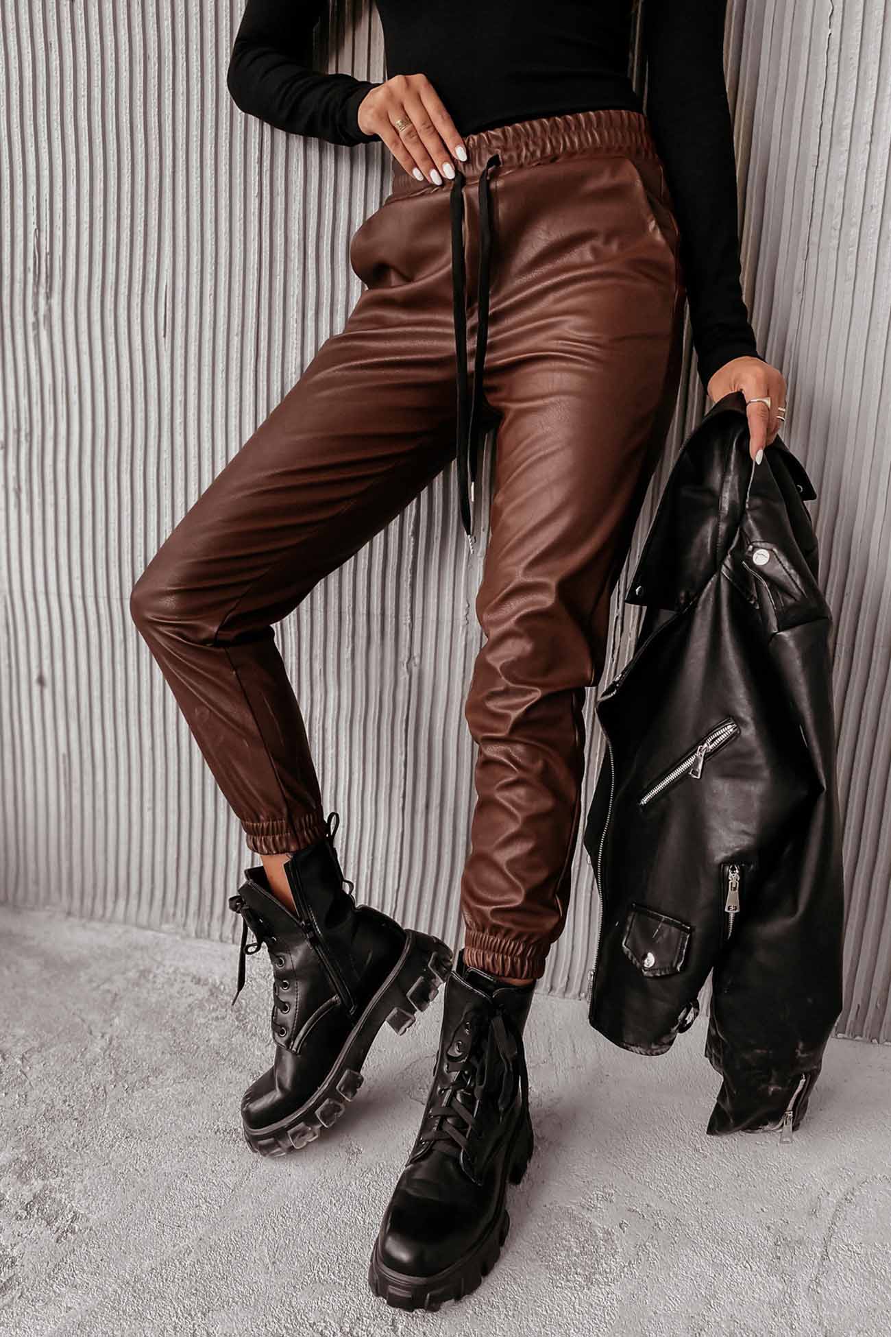 Drawstring Pocket Leather Jogger Pants