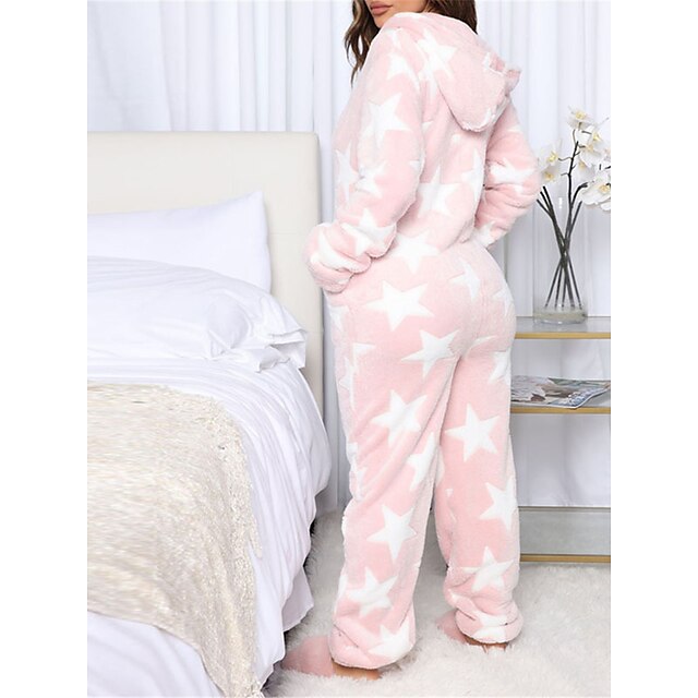 Women's Pajamas Jumpsuit Leopard Star Warm Comfort Plush Home Christmas Flannel Warm Breathable Hoodie Long Sleeve Pocket Fall Winter Leopard Print Moon blue