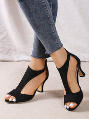 Black Suede Cutout Strap Peep Toe Mid Heel Sandals QAS8