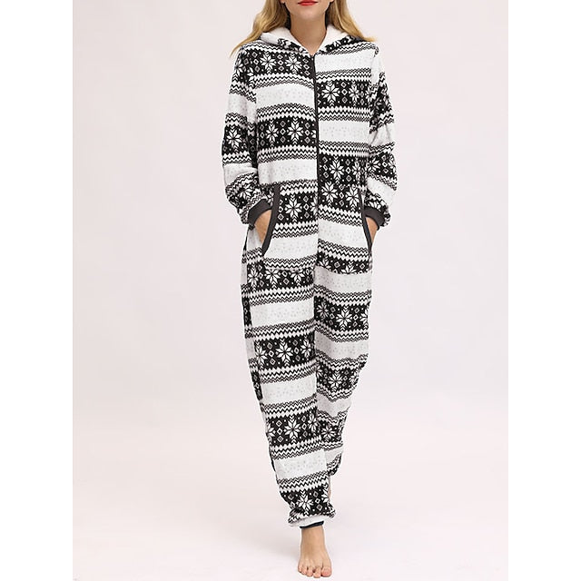 Women's Pajamas Jumpsuit Elk Snowflake Warm Fashion Casual Home Christmas Daily Polyester Breathable Hoodie Long Sleeve Pocket Fall Winter Black White