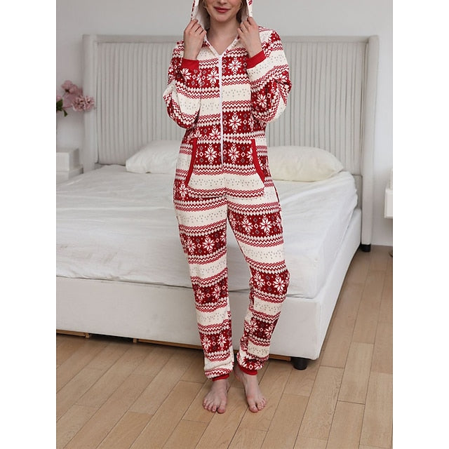 Women's Pajamas Jumpsuit Elk Snowflake Warm Fashion Casual Home Christmas Daily Polyester Breathable Hoodie Long Sleeve Pocket Fall Winter Black White