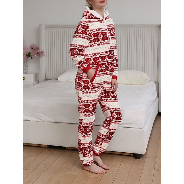 Women's Pajamas Jumpsuit Elk Snowflake Warm Fashion Casual Home Christmas Daily Polyester Breathable Hoodie Long Sleeve Pocket Fall Winter Black White