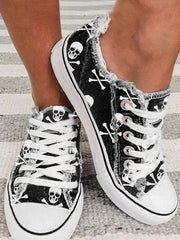 Halloween Black Skull Print Distressed Lace Up Sneakers AD627