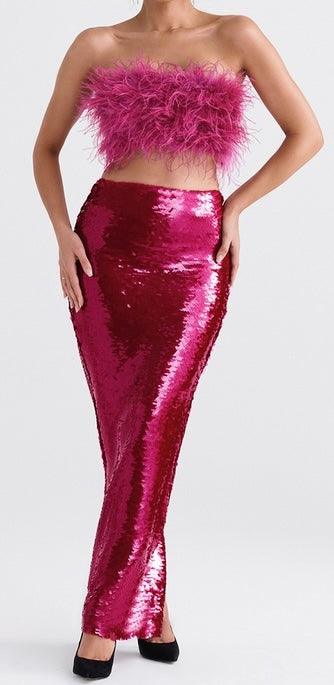 Hannah Fur Faux Strapless Top & Sequins Skirt Set