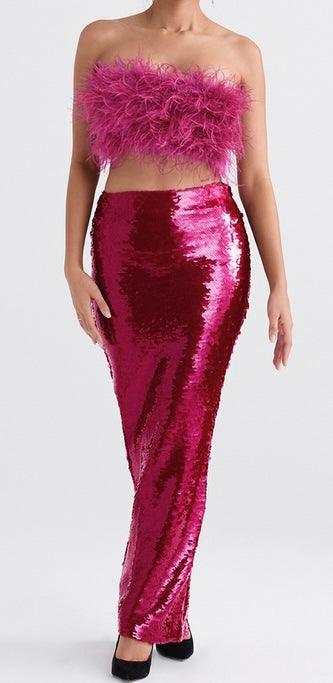 Hannah Fur Faux Strapless Top & Sequins Skirt Set