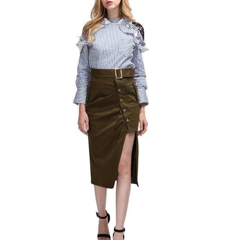 Jamya Belted Midi Hollow Out Hem Skirt