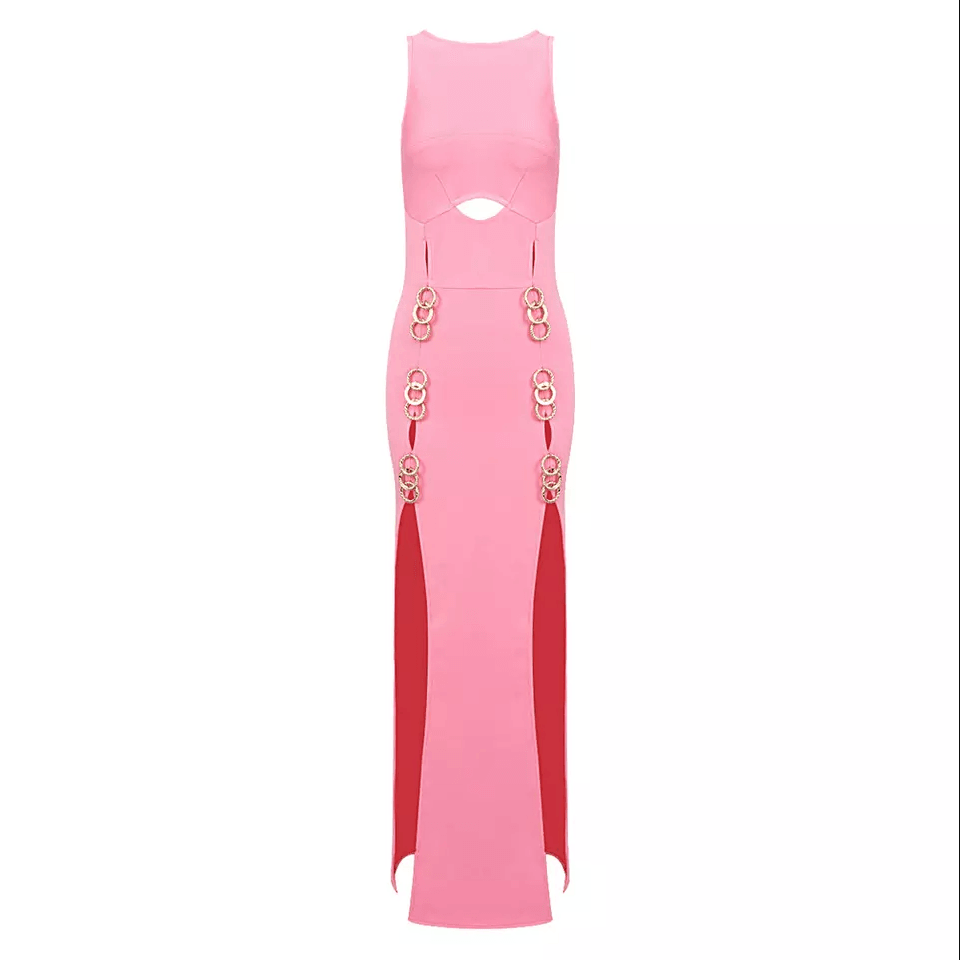 Jane Sleeveless Round Neck Double Side Slit Ring Embellished Maxi Dress