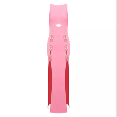 Jane Sleeveless Round Neck Double Side Slit Ring Embellished Maxi Dress