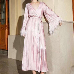 Janina Feather Trim Bell Sleeves Maxi Dress