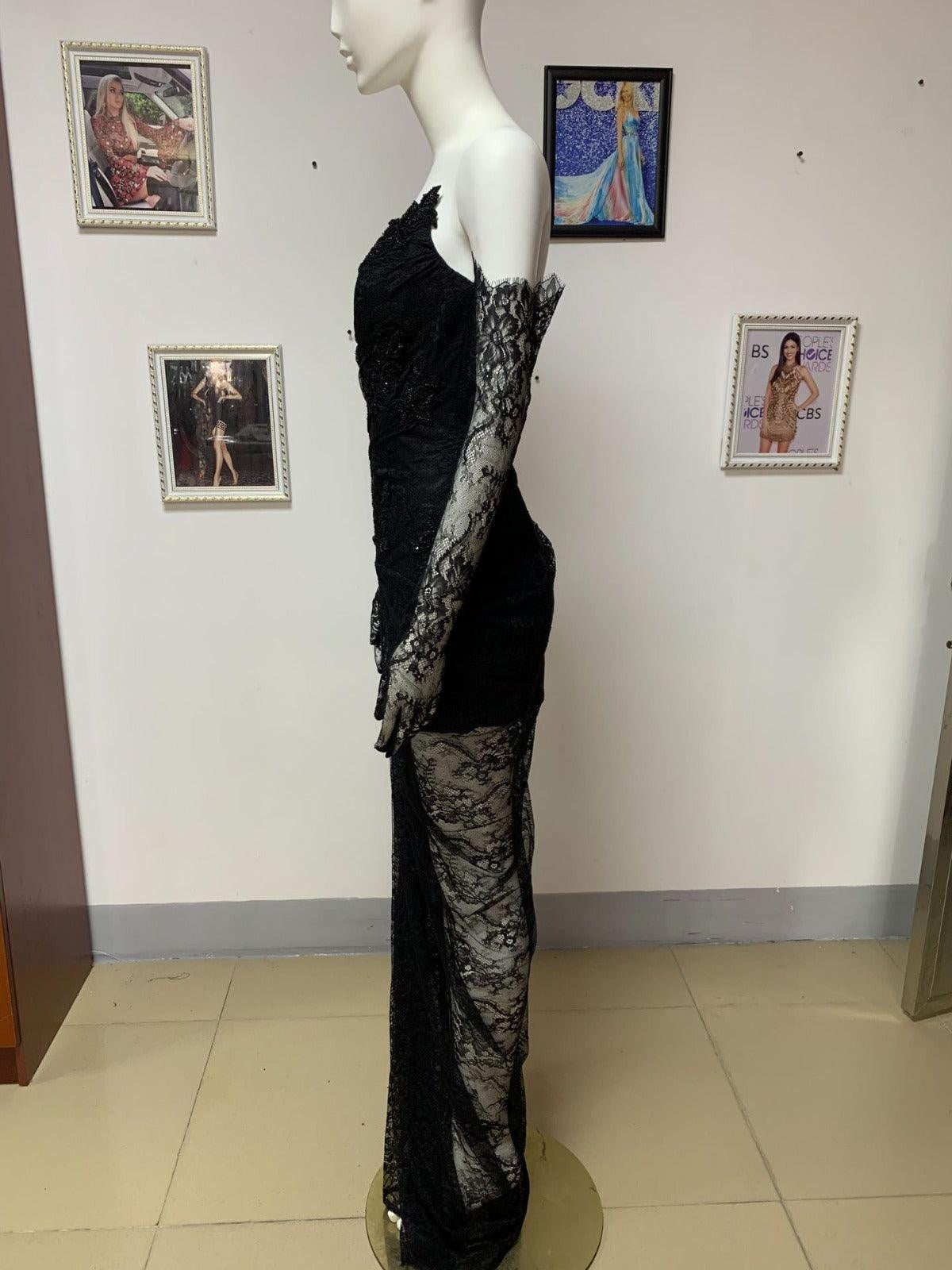 Julie Black Lace corset High Slit maxi Dress With Gloves